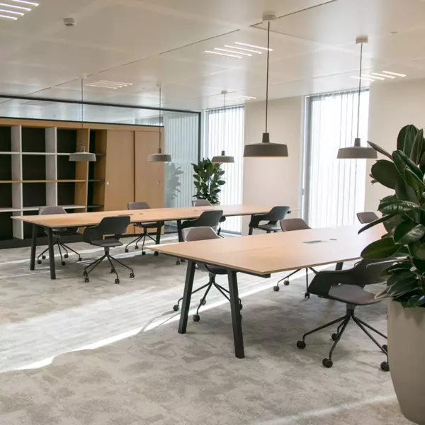 Aménagement de bureau avec tables en bois et chaises mobiles 